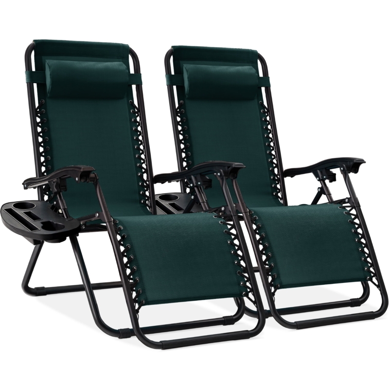 Lounge Chair Set Forest Green Bungee Suspension with Detachable Trays