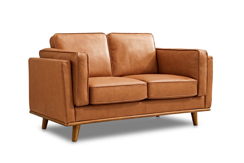 Loveseat Alder Wood Toned Base Cognac Leather Minimalist Apartment Seating