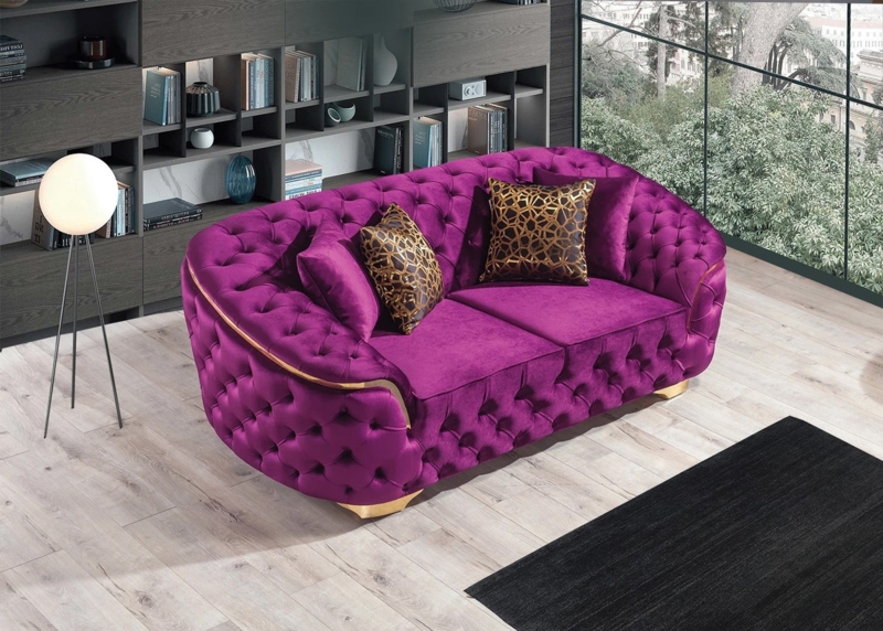 Loveseat All Over Tufting Gold Trim Base Barrel Velvet