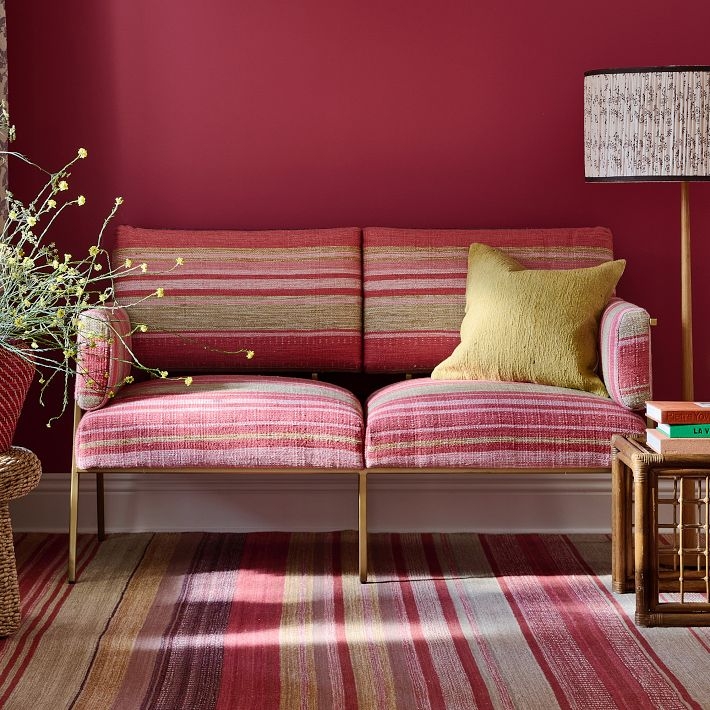 Loveseat Antique Brass Frame, Striped Flatweave Fabric, Maximalist Style.