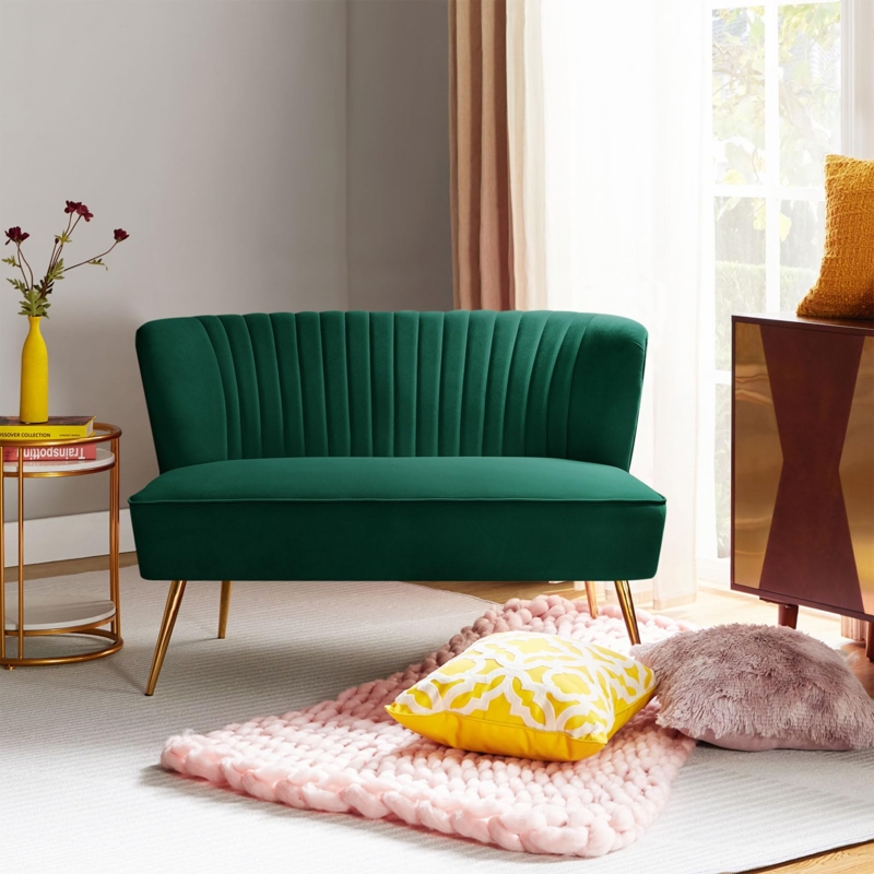 Loveseat Armless Emerald Green Velvet Channel Tufted Gold Legs Glam