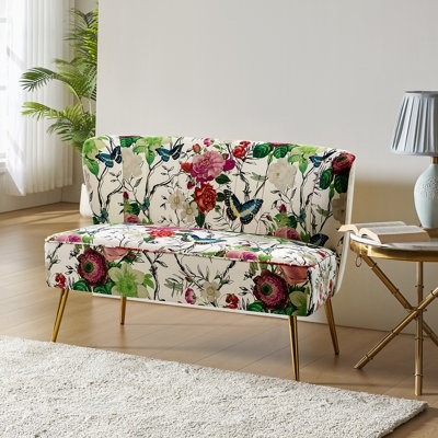 Loveseat Armless Multicolor Botanical Butterfly Print Gold Legs