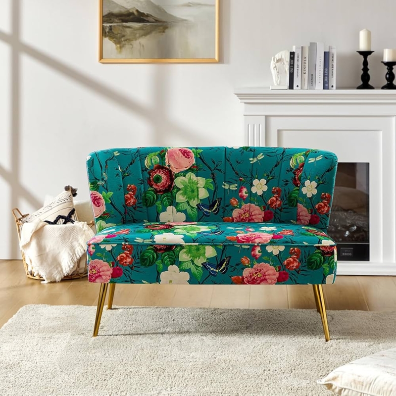 Loveseat Armless Teal Floral with Butterfly Motif Gold Legs