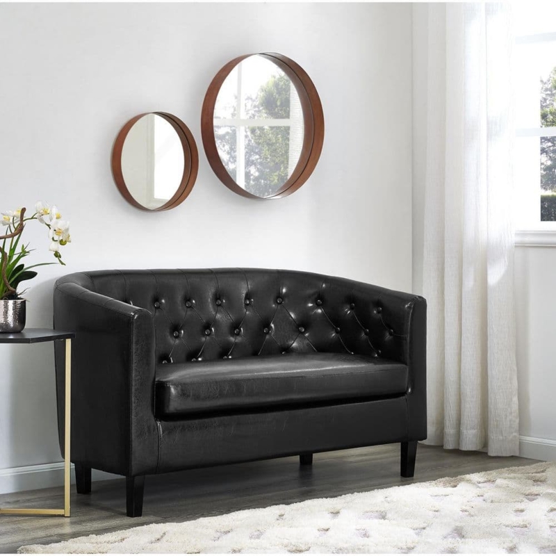 Loveseat Barrel Back Black Leather-Like Splayed Wood Legs Tufted