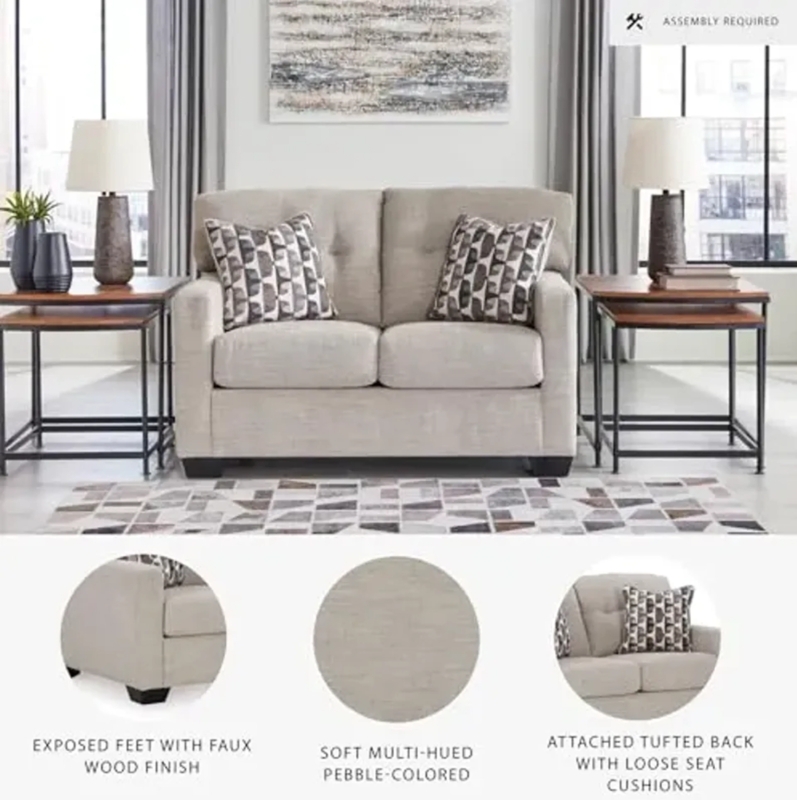 Loveseat Beige Tufted Nailhead Trim Bolster Pillows