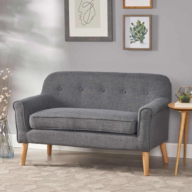 Loveseat Beige Wood Frame Flared Arms Mid-Century Modern Seating