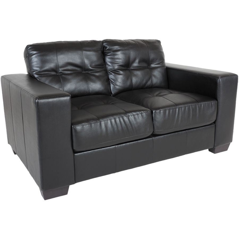 Loveseat Black Leather-Like Tufted Back Track Arms Tapered Legs