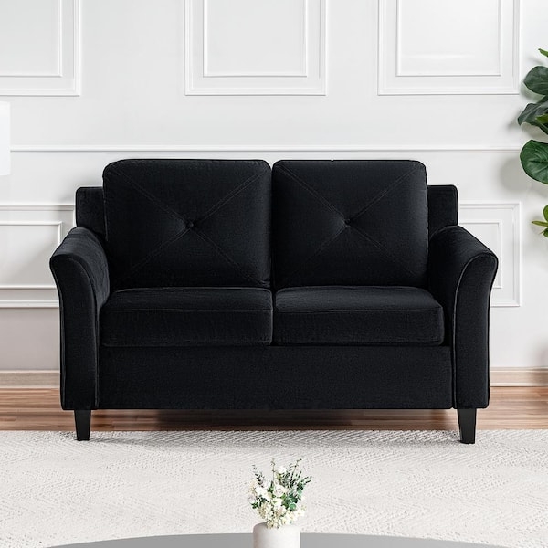 Loveseat Black Microfiber Button Tufted Back Tapered Legs Track Arms