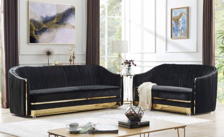 Loveseat Black Velvet Curved Back Gold Plinth Base Modern Glam