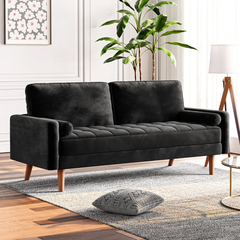 Loveseat Black Velvet Grid Tufted Seat Bolster Pillows Tapered Legs
