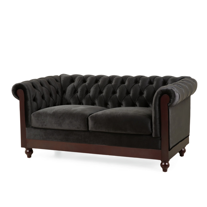 Loveseat Black Velvet-Like Fabric Silver Nailhead Rolled Arm