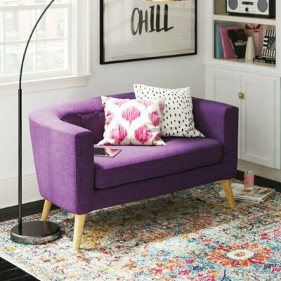 Loveseat Button Tufted Back Tapered Wood Legs MCM Upholstery