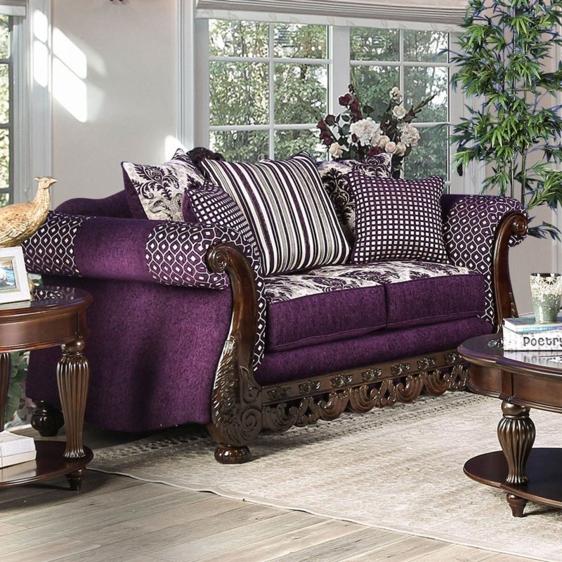 Loveseat Carved Wood Apron Deep Purple Fabric Ornate Rolled Arms