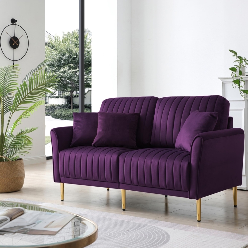 Loveseat Channel Tufting Gold Tapered Legs Velvet Round Arms