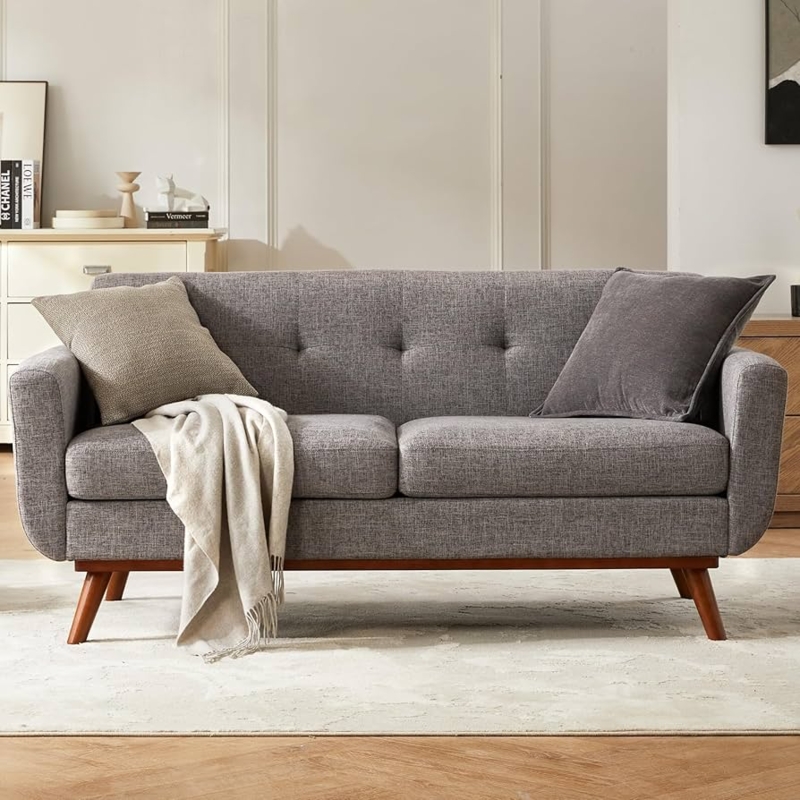 Loveseat Charcoal Woven Fabric Button Tufted Splayed Wood Legs