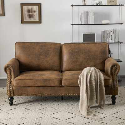 Loveseat Cognac Brown Distressed Leather Like Copper Studs Rolled Arms