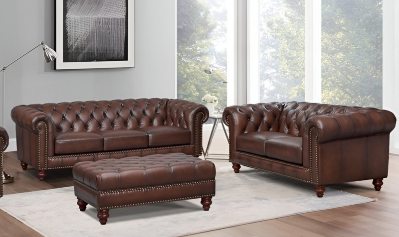 Loveseat Cognac Leather-Like Button Tufted Track Arms Transitional