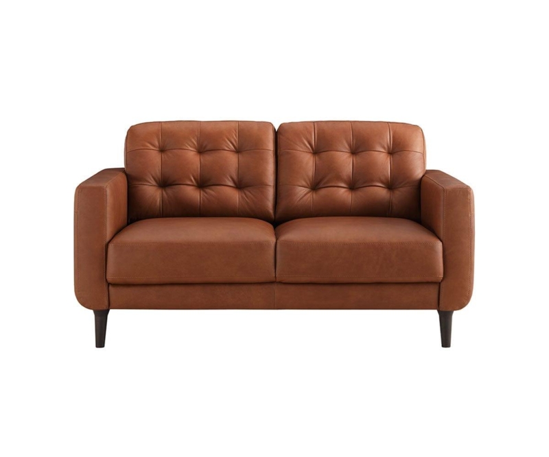 Loveseat Cognac Tan Leather Mid-Century Modern Square Arms
