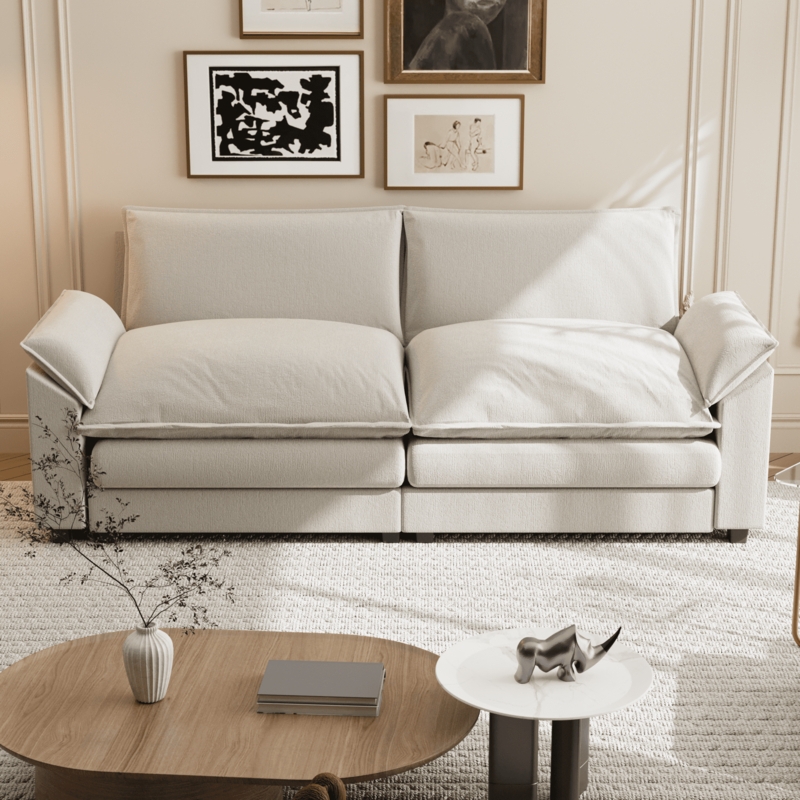 Loveseat Cream Angled Arms Plush Split Cushions Contemporary