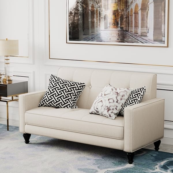 Loveseat Cream Piped Edges Button Tufted Transitional Elegant