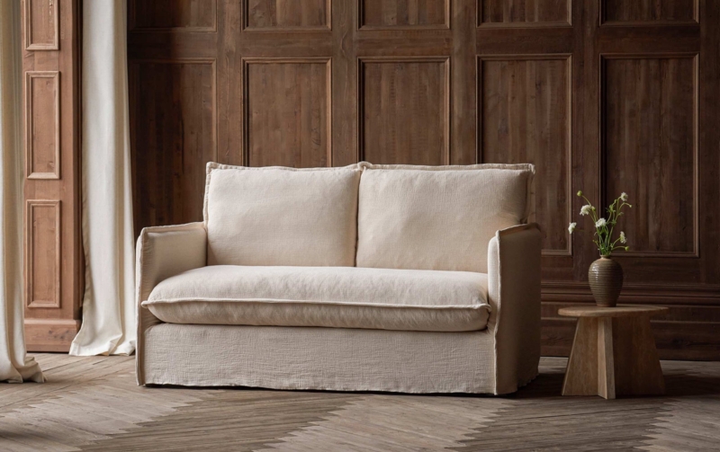 Loveseat Cream Slipcovered Base Linen Texture Cozy Minimalist