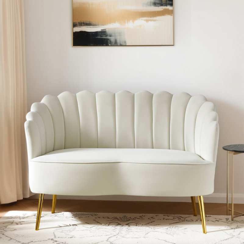 Loveseat Cream Velvet Scalloped Back Channel Tufted Gold Tapered Legs