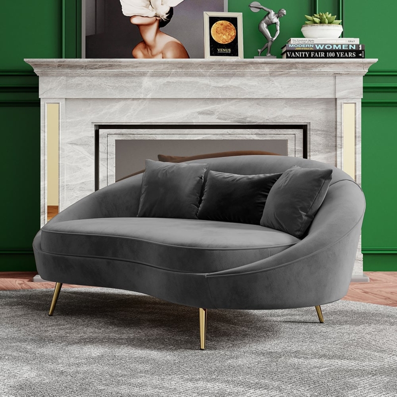 Loveseat Curved Gray Velvet Kidney Shape Gold Metal Legs