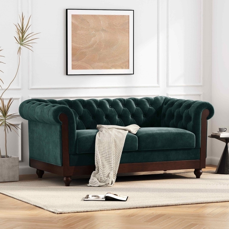 Loveseat Dark Green Velvet Chesterfield Deep Button Tufting Rolled Arms