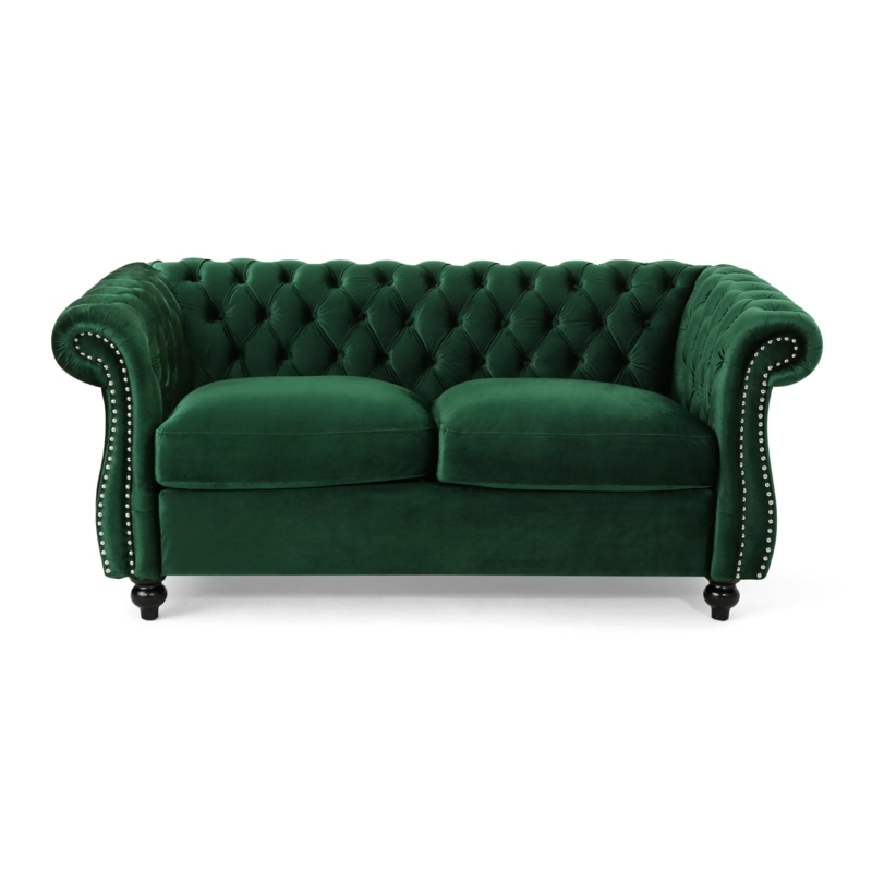 Loveseat Emerald Green Velvet Button Tufted Chesterfield Silver Trim