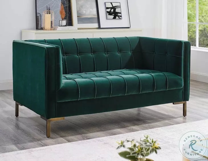 Loveseat Emerald Green Velvet Grid Tufting Tuxedo Arms Gold Legs