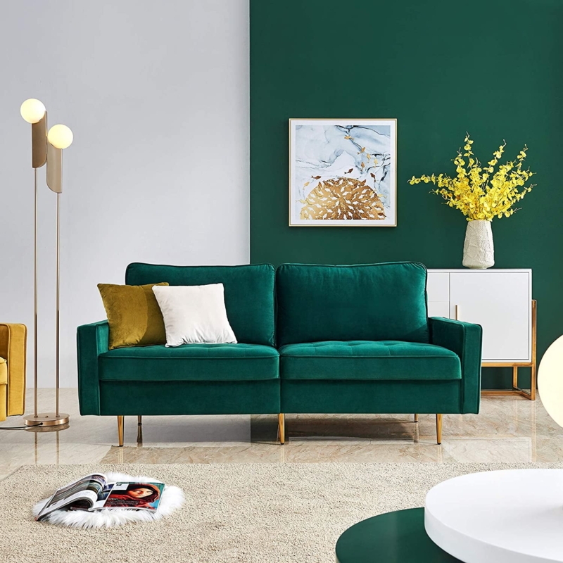 Loveseat Emerald Green Velvet Mid Century Modern Gold Tapered Legs