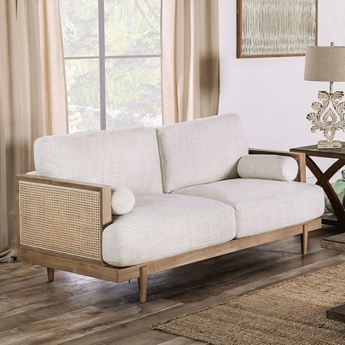 Loveseat Exposed Oak Wood Frame Beige Upholstery Minimalist Seating