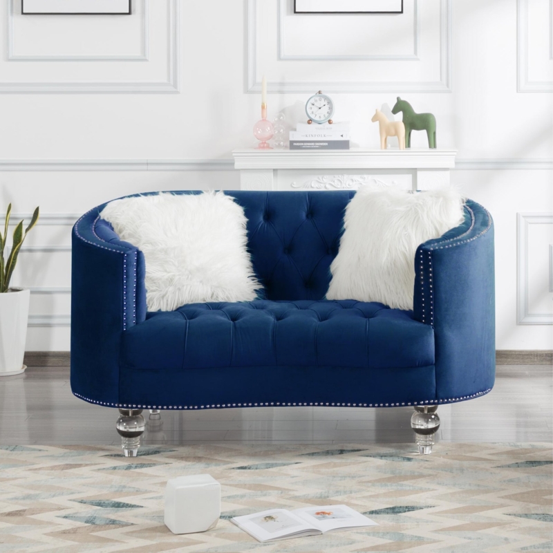 Loveseat featuring Clear Acrylic Legs and Navy Velvet Tufting