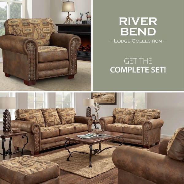 Loveseat Fish Pattern Microfiber, Nailhead Trim, Rustic Lodge Collection.