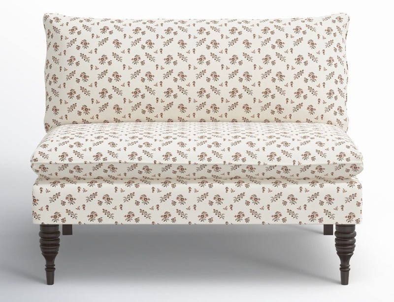 Loveseat Floral Sprig Upholstery, Armless Turned Legs, Cottagecore Style.