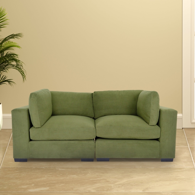 Loveseat Forest Green Fabric Boxy Silhouette Low Profile Block Arms