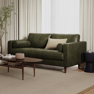 Loveseat Forest Green Leather Mid Century Tapered Legs Bolster Pillows