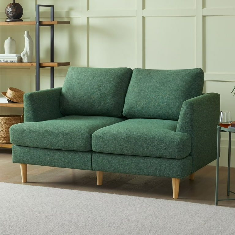 Loveseat Forest Green Textured Fabric Flared Arms Tapered Wood Legs