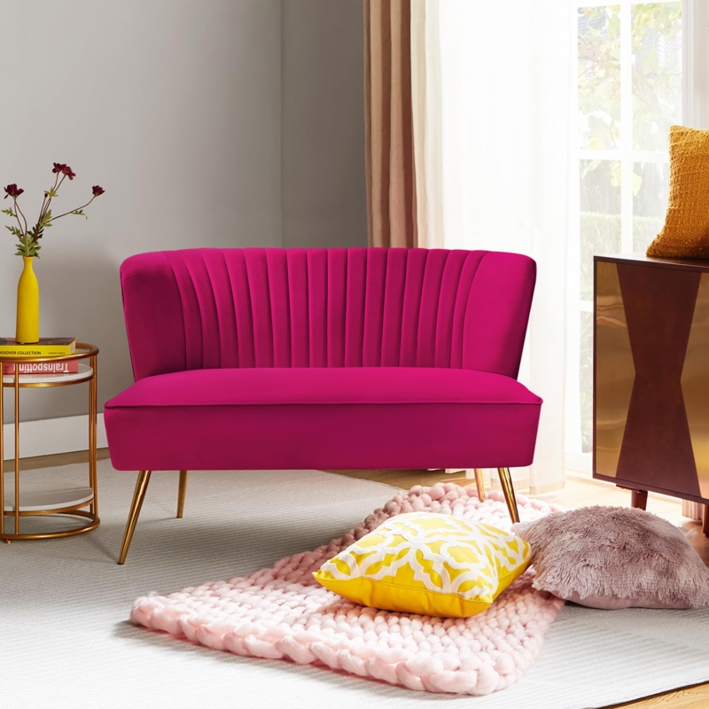 Loveseat Fuchsia Velvet Armless Channel Tufted Gold Legs Small Space