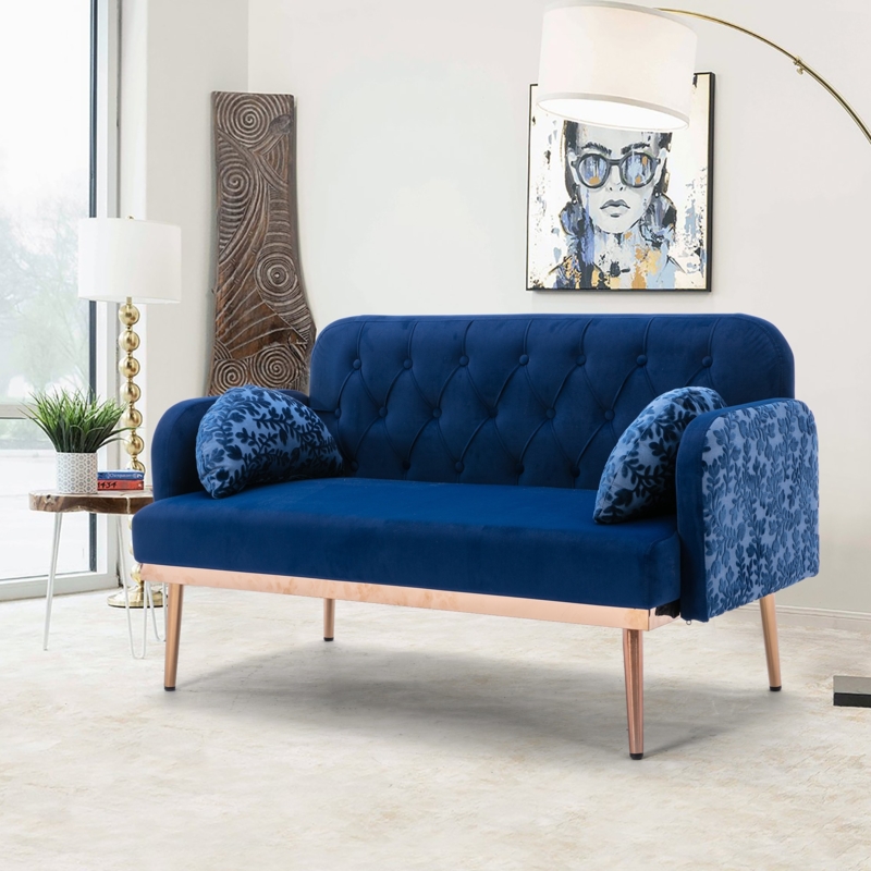 Loveseat Glam Royal Blue Velvet Diamond Tufted Rose Gold Legs