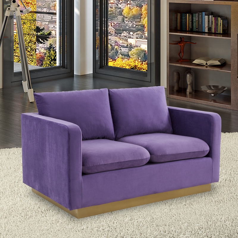 Loveseat Gold Plinth Base Mid Century Modern Velvet