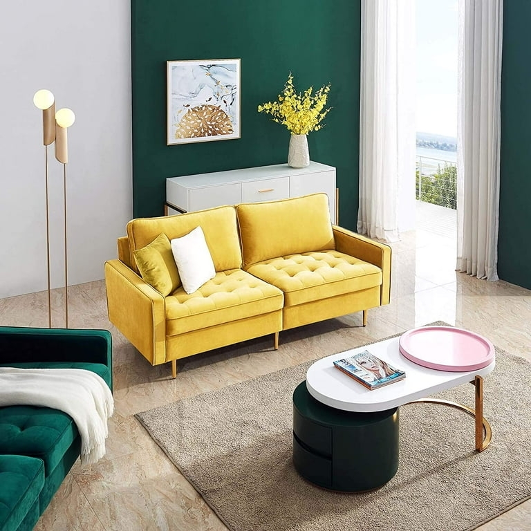 Loveseat Gold Tapered Legs Tufted Seat Yellow Velvet Small Space