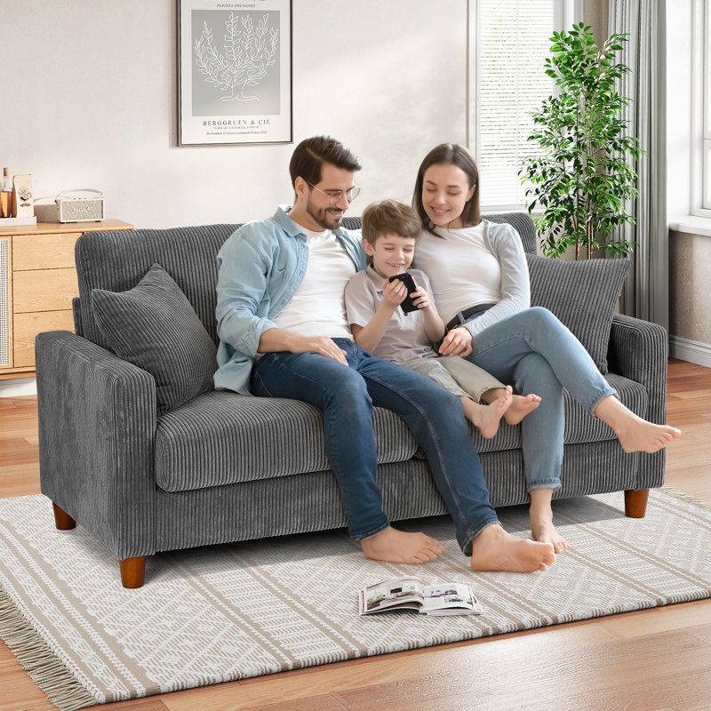 Loveseat Gray Corduroy Tapered Wood Legs Ribbed Fabric Sofa