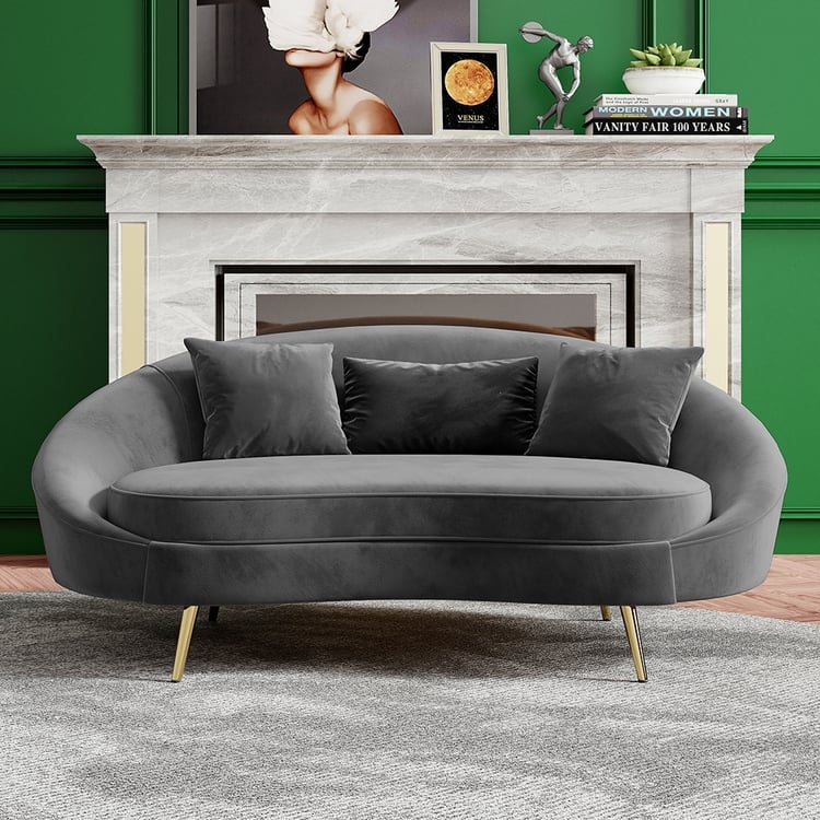 Loveseat Gray Velvet Curved With Gold Tapered Legs Glam