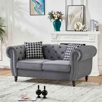 Loveseat Gray Velvet Rolled Arms Diamond Button Tufted Turned Legs