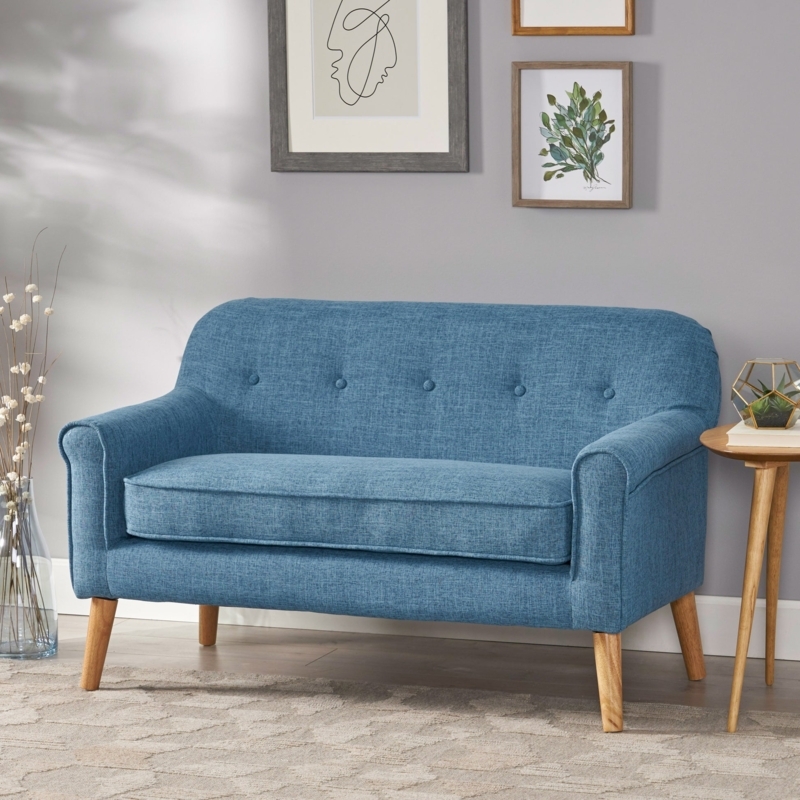Loveseat Heathered Blue Button Tufted Mid-Century Modern Small Sofa