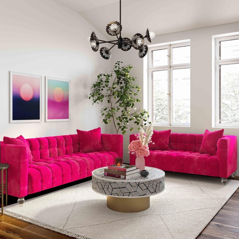 Loveseat Hot Pink Velvet Channel Tufted Acrylic Legs Glam Style