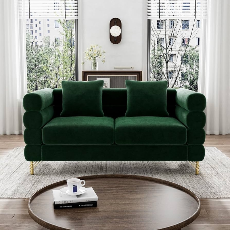 Loveseat in Emerald Green Velvet with Unique Stacked Arms and Gold Legs