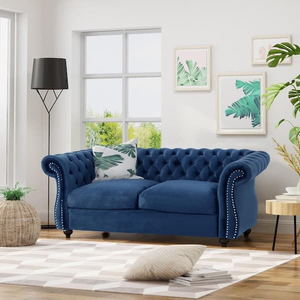 Loveseat in Navy Blue Velvet with Tufted Rolled Arms