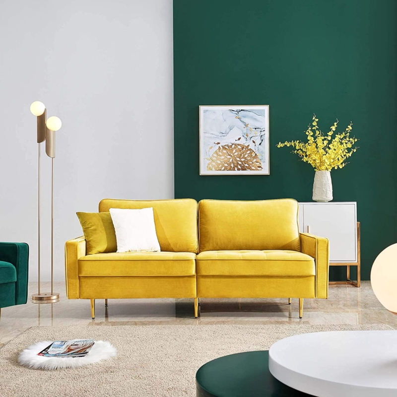 Loveseat in Yellow Velvet with Square Tufted Seat and Gold Tapered Legs